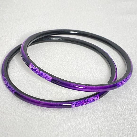 Glass Bangle Bracelets Set Of Two Purple Base Lavander Floral Design - Picture 3 of 7